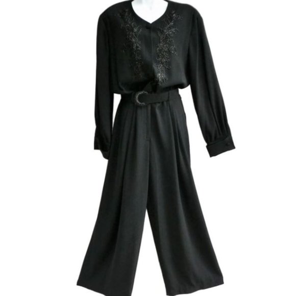 Liz Claiborne Vintage Beaded Black Jumpsuit Elegant Bead Belt Wide Leg Zip XL - Picture 7 of 10